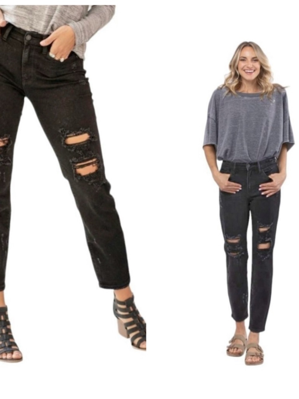 Judy Blue Jeans Women’s 7/28 Black Gray Boyfriend Distressed High Rise Raw Hem